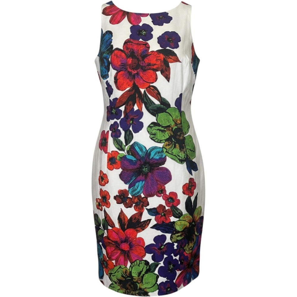 Floral Sheath Dress Womens XL White Multi Color Sleeveless Knee Length Garden